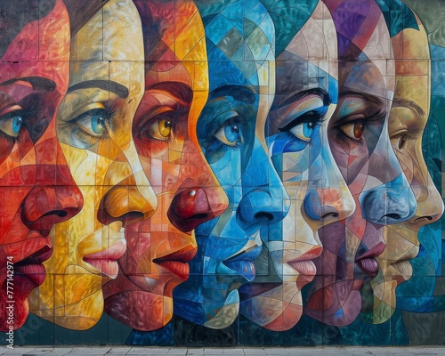 A colorful outdoor mural depicting abstract faces in a cubist art style symbolizing diversity and creativity.