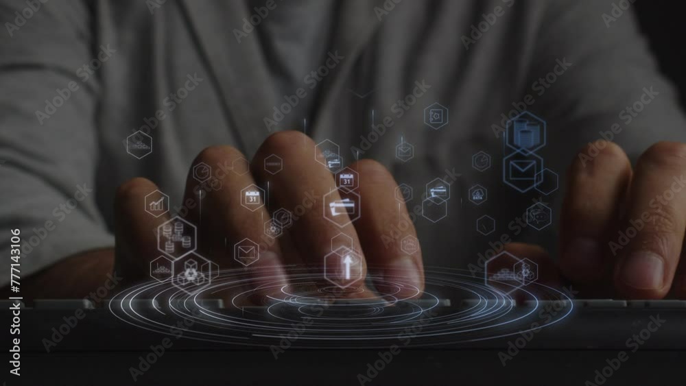 Circular movement of lines above which move hexagonal icons with symbols of digitalization of modern financial life of humanity against the background of a businessman working on the keyboard. Cg