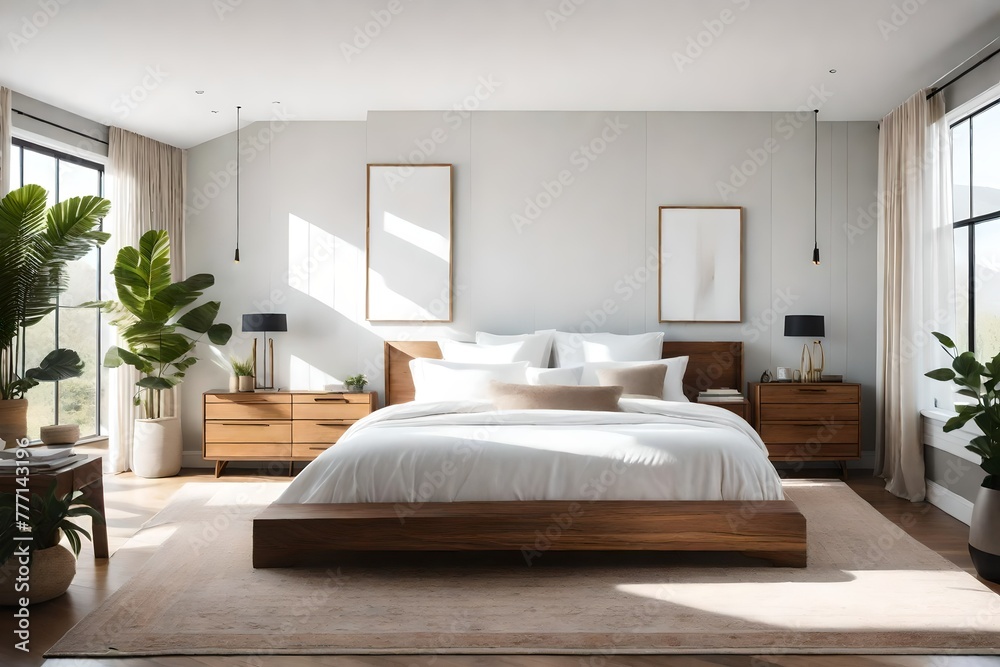 Serene bedroom with white bed and wooden furniture.