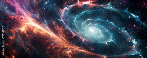 A stunning digital representation of a swirling galaxy with vibrant colors and glittering stars.