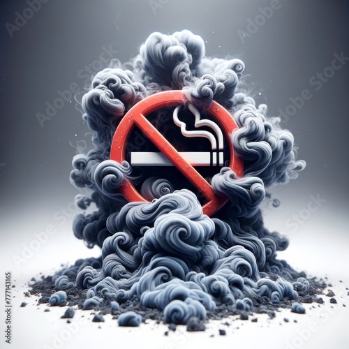 Symbolic anti smoking abstract artwork featuring smoke and cigarettes wrapped around the symbol