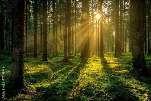 Sunlight Beaming Through the Trees in a Forest Generative AI