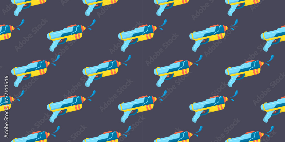 Vector plastic children's toy water gun on blue background seamless pattern. Kids wallpaper print. Textile, fabric, wrapping. Songkran festival banner Vector plastic children's toy water gun on blue background seamless pattern. Kids wallpaper print. Textile, fabric, wrapping. Songkran festival banner