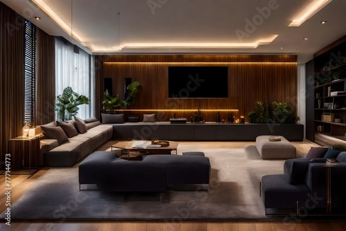 Cozy modern living room with sleek wood paneling and large flat screen TV. © Liam