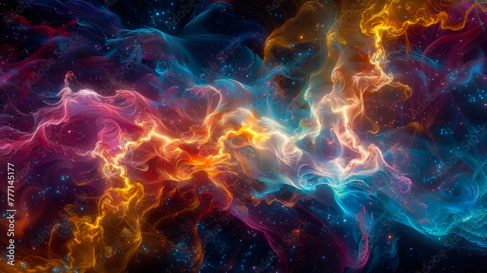 Abstract waves of light with a spectrum of colors flowing across a dark space, sprinkled with particles resembling stars ,Abstract Universe cosmos galaxy background