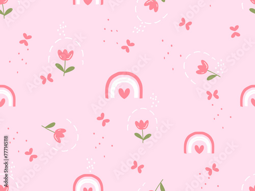 Seamless pattern with rainbow, tulip flower and butterfly cartoons on pink background vector. © Thanawat