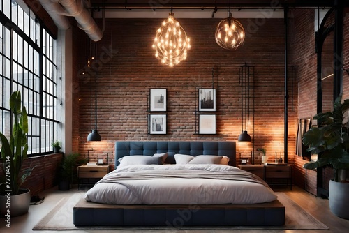 Cozy bedroom with exposed brick wall and a comfortable bed.