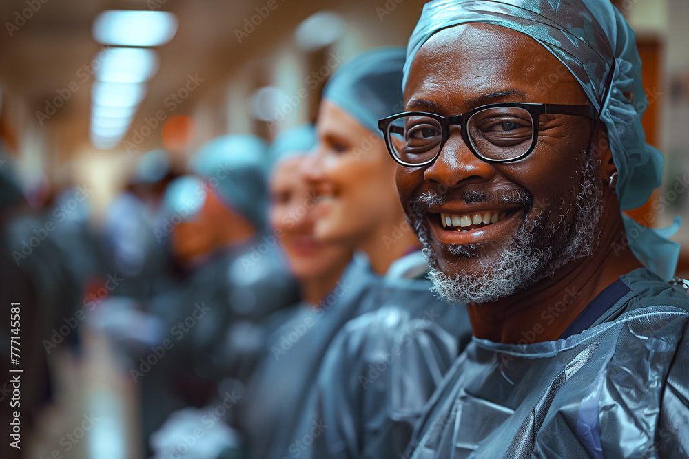 A smiling male medical professional stands out among a lineup of colleagues in a busy hospital setting A smiling male medical professional stands out among a lineup of colleagues in a busy hospital setting