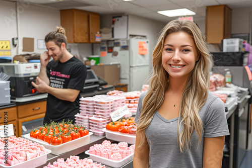 A cheery young female stands in a deli with fresh produce and a colleague working in the background