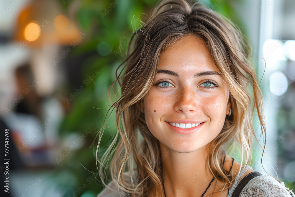 A close-up portrait of a young woman with a captivating gaze and natural beauty in a café setting A close-up portrait of a young woman with a captivating gaze and natural beauty in a café setting