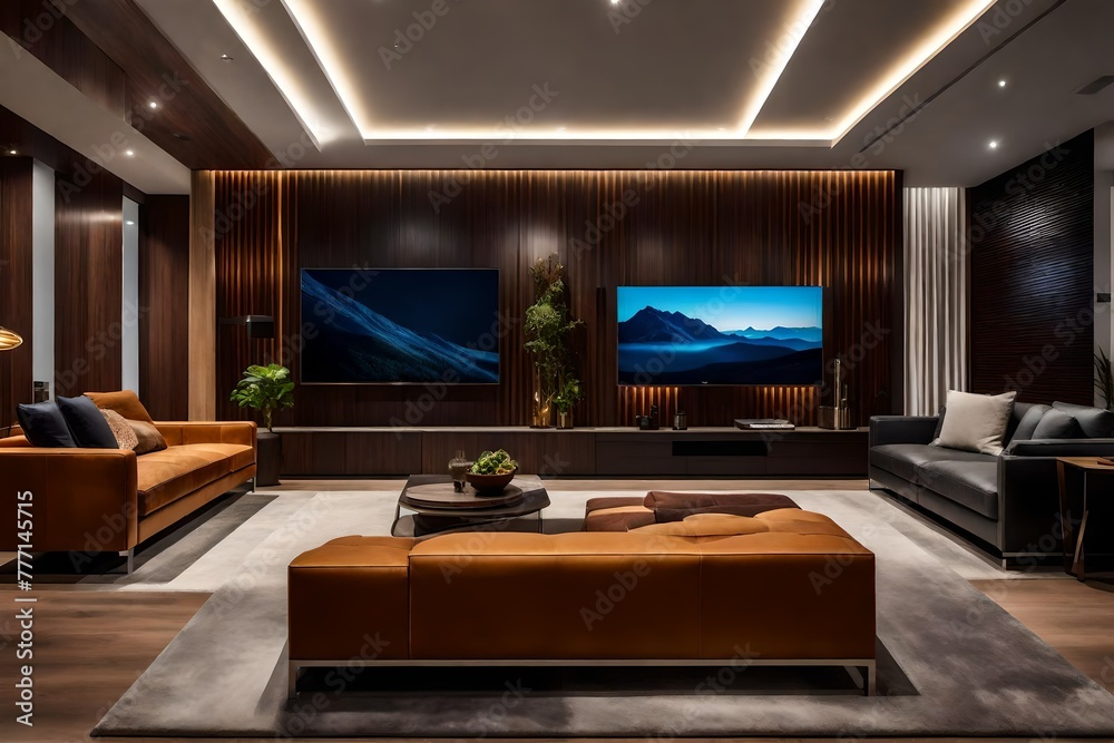 Modern living room featuring sleek brown leather furniture and a wall-mounted TV.