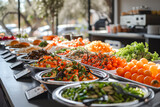 An abundance of fresh, vibrant food displayed on elegant serving dishes in what appears to be a high-end buffet setting, indicative of celebration or event