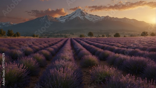 lavender fields with high mountains in the background photo