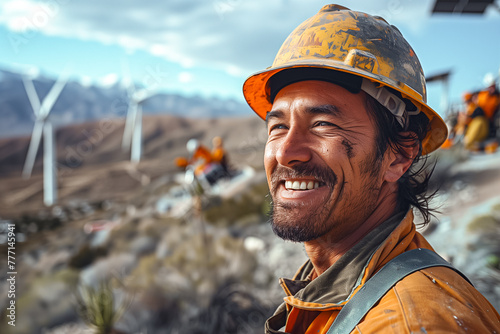 A cheerful worker with a hardhat and reflective vest smiles with wind turbines in the background photo