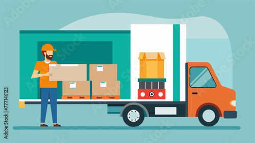 A closeup image of a truck driver loading products onto a trailer with a sign on the side of the truck reading Transporting goods from local