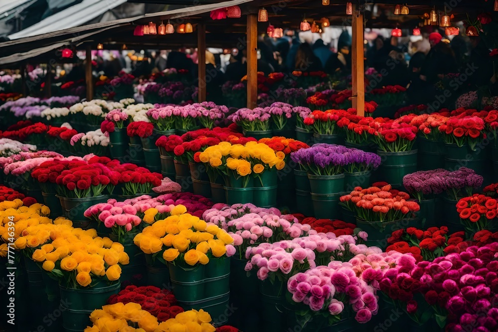 Rows of fresh tulips at Amsterdam's flower market, A group of colorful flowers in buckets