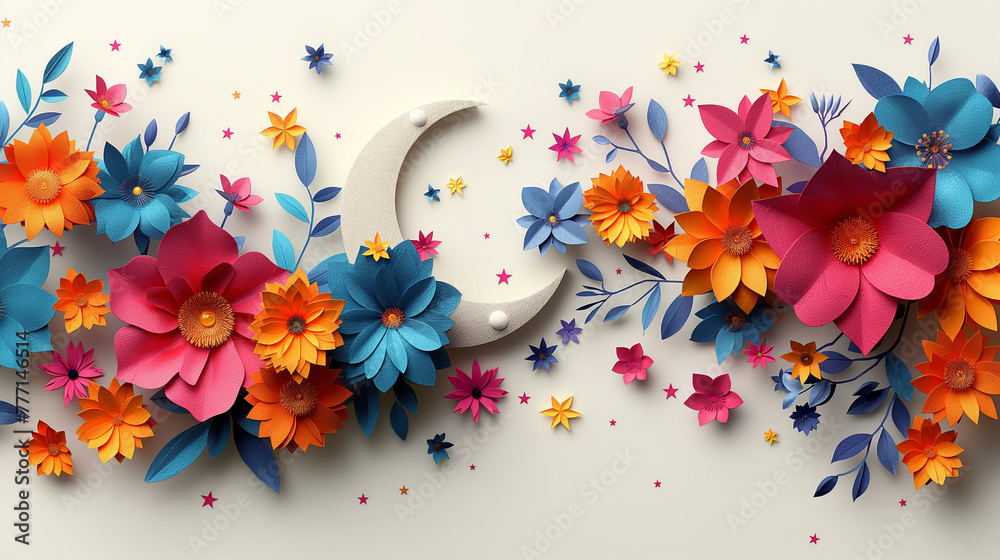 Crescent moon with paper flowers and leaves on white background, Eid Mubarak, 3d illustration, generative ai