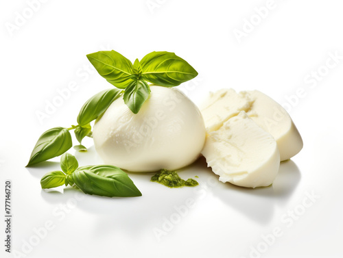 Realistic photo of mozzarella cheese with basil leaf and pesto isolated on white background сreated with Generative Ai