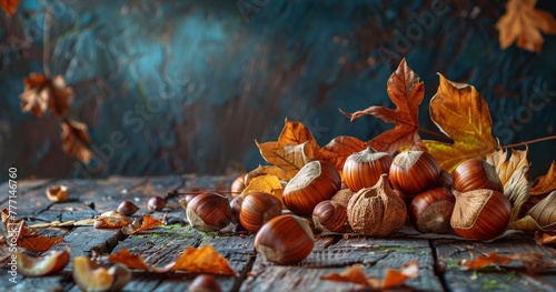 Autumnal Harvest A Collection of Freshly Picked Hazelnuts Amidst the Fallen Leaves Generative AI