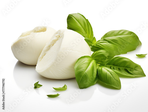 Realistic photo of mozzarella cheese with basil leaf and pesto isolated on white background сreated with Generative Ai