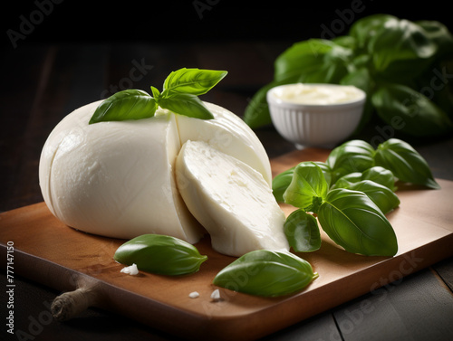 Realistic photo of mozzarella cheese with basil leaf and pesto isolated on white background сreated with Generative Ai