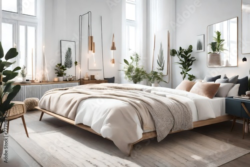 Serene bedroom oasis with white bed and lush green plants, A bedroom with a bed and plants