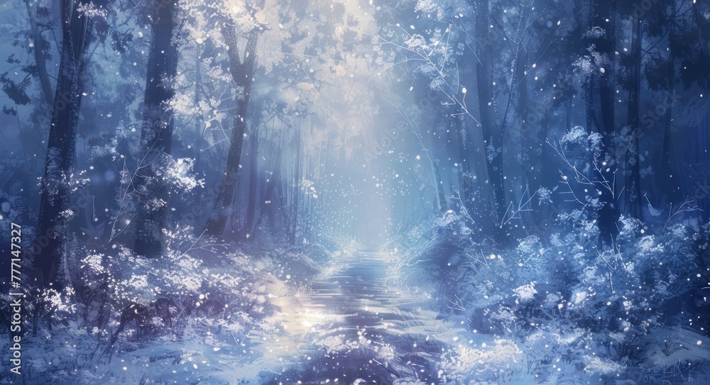 Enchanted Winter Forest Pathway Illuminated by a Twilight Glow Generative AI. Enchanted Winter Forest Pathway Illuminated by a Twilight Glow Generative AI.
