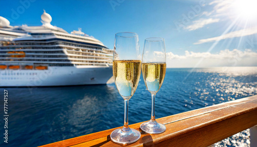 Extreme closeup of two champagne flutes glasses on a wooden railing of a cruise ship, on background a beautiful blue seascape with a white large cruise ship, blue clear sky and sunbeams. Generative Ai