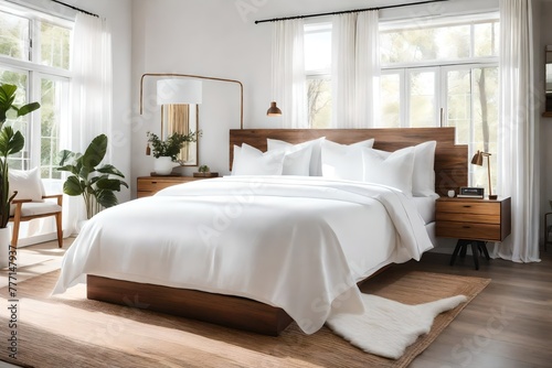 A bed with white sheets and a wood headboard in a room with windows  Crisp white bedding on elegant wood floors in a serene bedroom setting.
