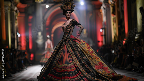Couture runway fashion featuring an extravagant ensemble on a fierce model. photo