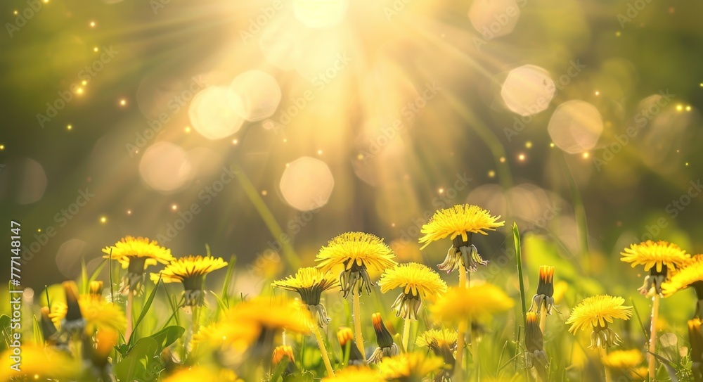 Golden Sunrise over Dandelion Field - A Vision of Spring's Renewal - Generative AI