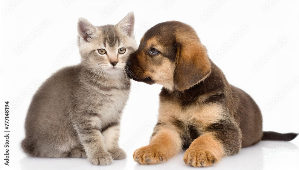 Little tabby kitten playing with little puppy