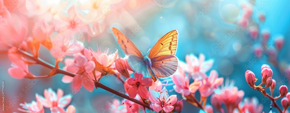Butterfly Alights on Spring Blooms in a Dance of Pink and Blue Generative AI.
