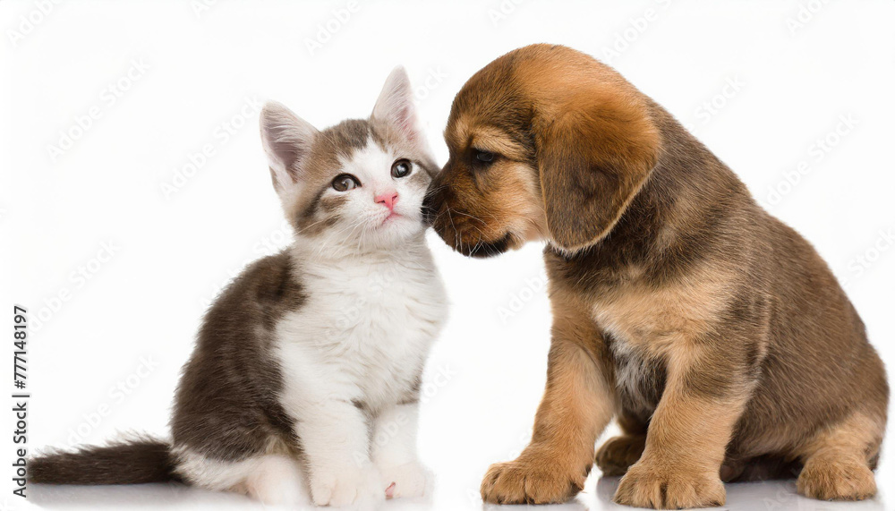 Little tabby kitten playing with little puppy Little tabby kitten playing with little puppy