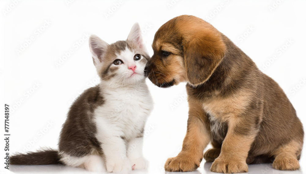 Little tabby kitten playing with little puppy