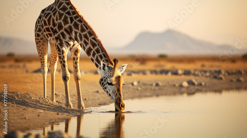 Curious giraffe bending down to drink water. photo