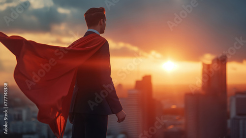 Full length portrait of a young businessman with a red cape against a city skyline at sunset photo