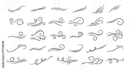 Sketch wind lines. Doodle blowing movement air elements, hand drawn wave freshness. Hand drawn outline aerial shape, swirl motion, abstract flow symbols. Vector set