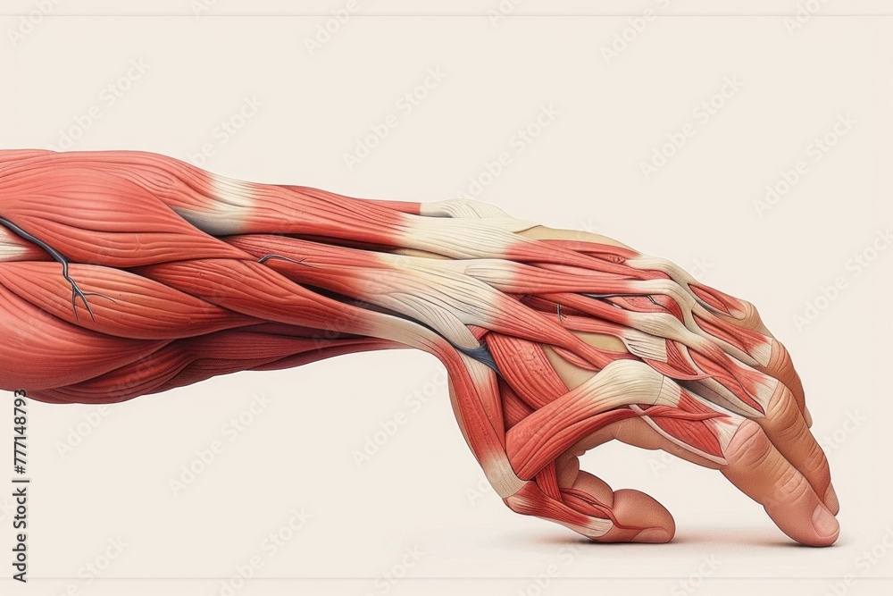 Human arm and hand showing muscles and tendons. Isolated on white background. Human arm and hand showing muscles and tendons. Isolated on white background.