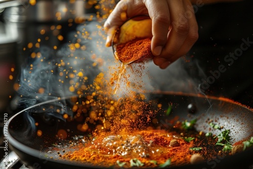 Chef Masterfully Seasoning Gourmet Dish with Fresh Herbs and Spices in Busy Restaurant Kitchen