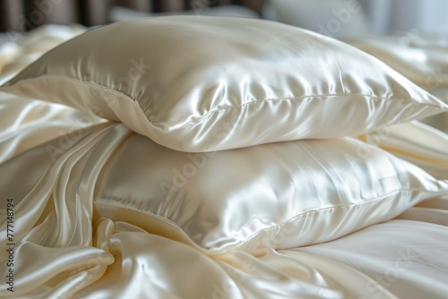 Pillows and sheets made of mulberry silk fabric, pillows and sheets with white satin texture, home furnishings store advertisements, high-end fabric silk products