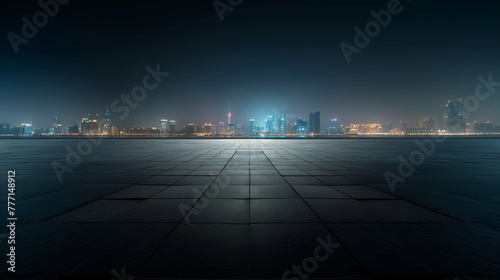 City night skyline from urban ground perspective