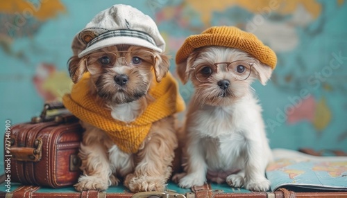 Two puppies in stylish outfits are sitting on a vintage suitcase with a map in the background photo