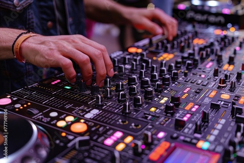 Unrecognizable DJs hand mixing on a professional sound mixer at a nightclub party