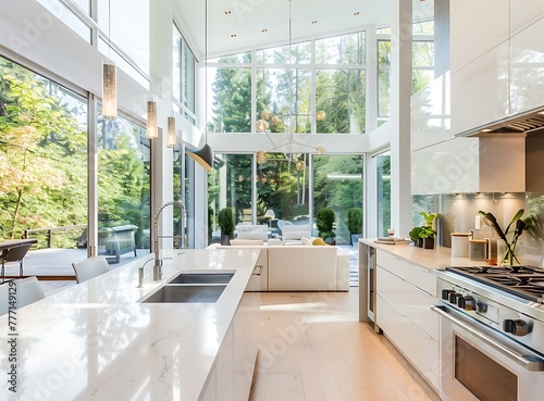 Beautiful modern white kitchen with island, high ceiling and large windows overlooking the garden of luxury new home in Canada