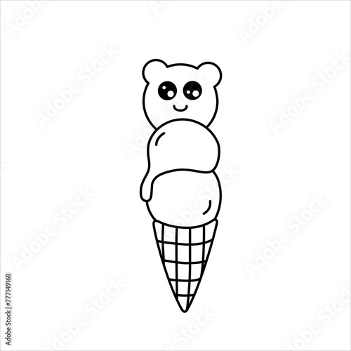 Vector line illustration of a cute ice cream cone with ears.