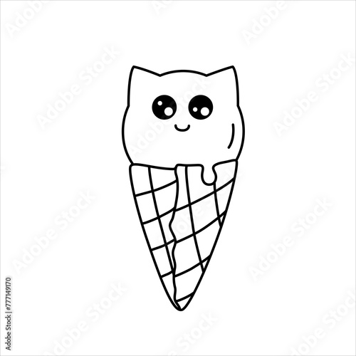 Vector line illustrationof a cute ice cream cone in the form of a cat.