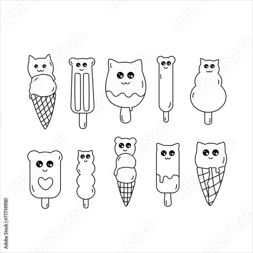 Set of black line vector illustrations of cute icecream.