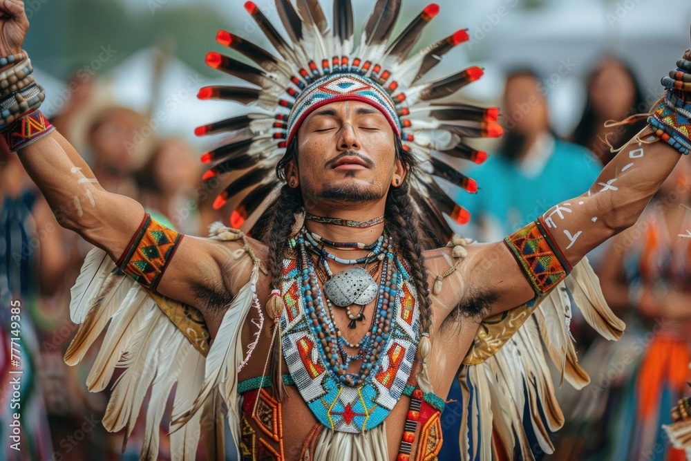 Dreamcatcher Headdress Native American Man in Traditional Headdress and Clothing at a Powwow