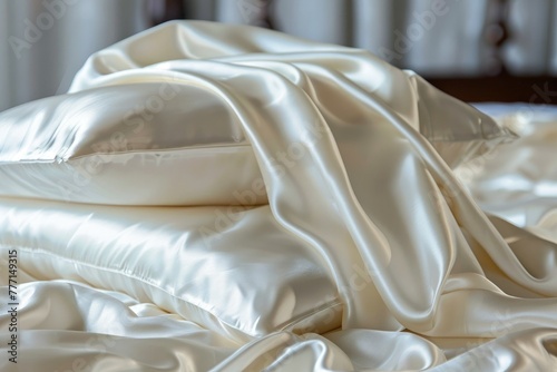 Pillows and sheets made of mulberry silk fabric, pillows and sheets with white satin texture, home furnishings store advertisements, high-end fabric silk products